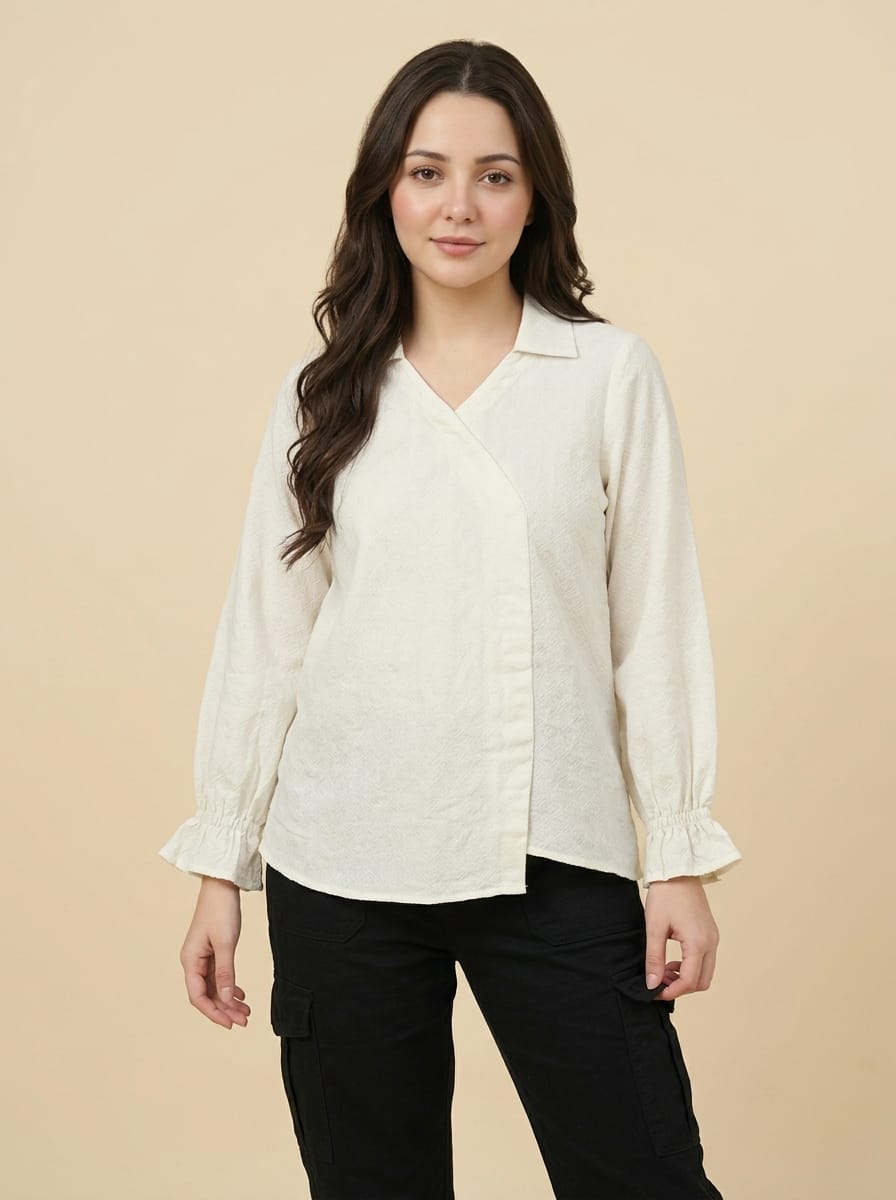 White Textured Wrap Top