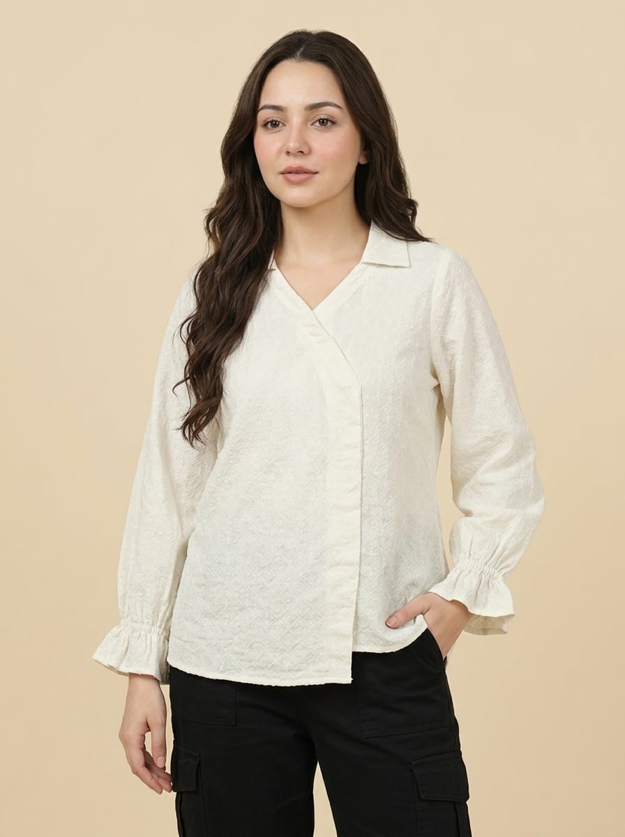 White Textured Wrap Top