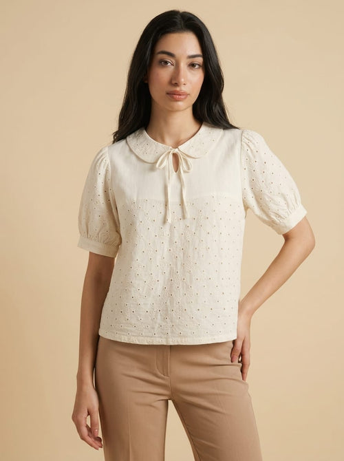 Buy Ivory Eyelet Embroidered Peter Pan Collar Blouse | Women's Fashion