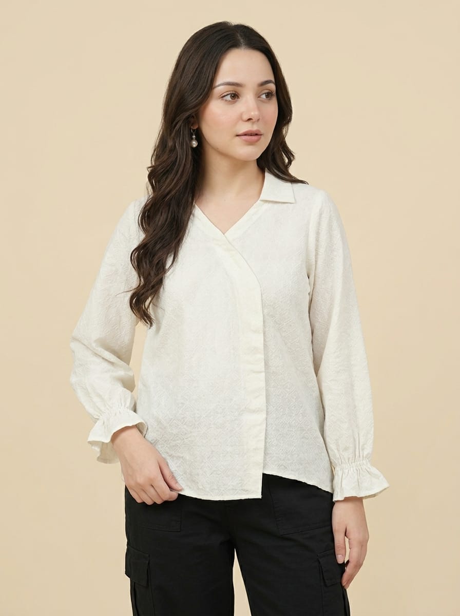 White Textured Wrap Top