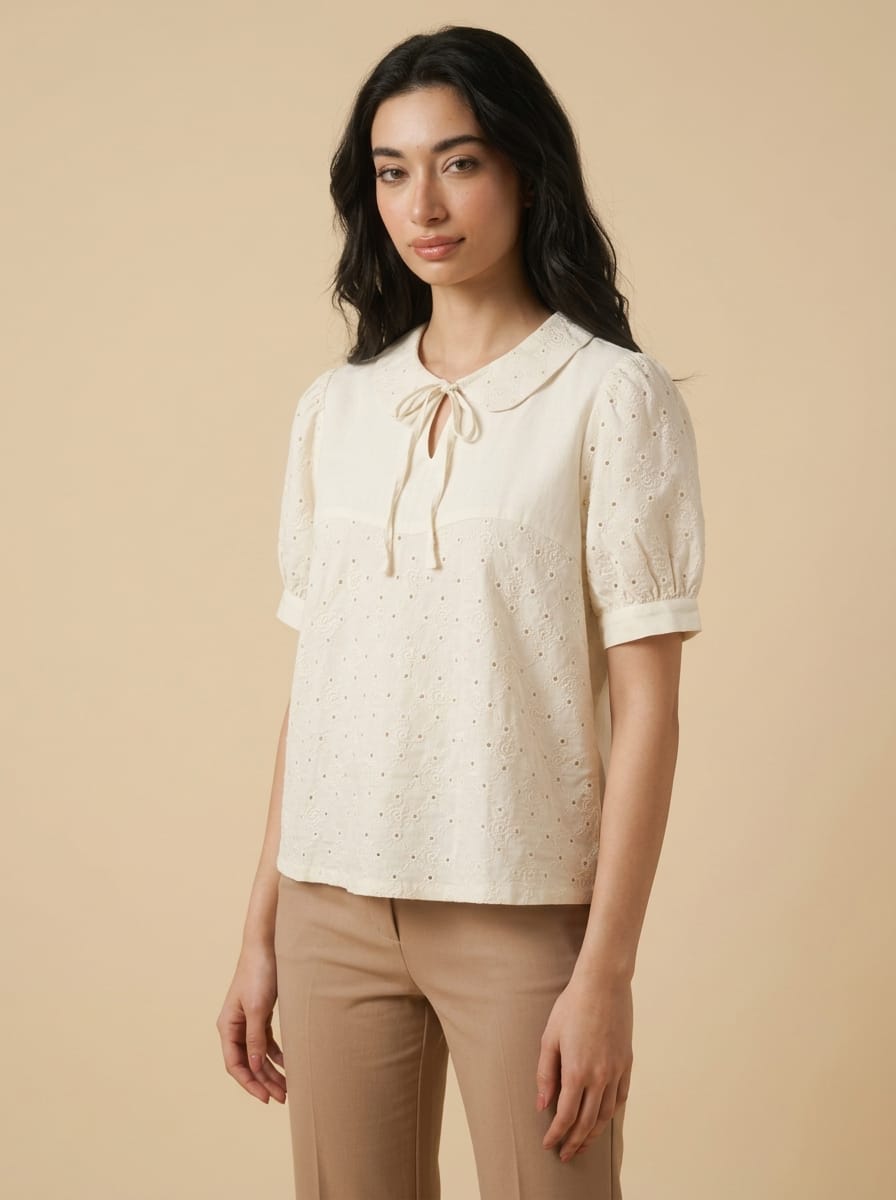 Buy Ivory Eyelet Embroidered Peter Pan Collar Blouse | Women's Fashion
