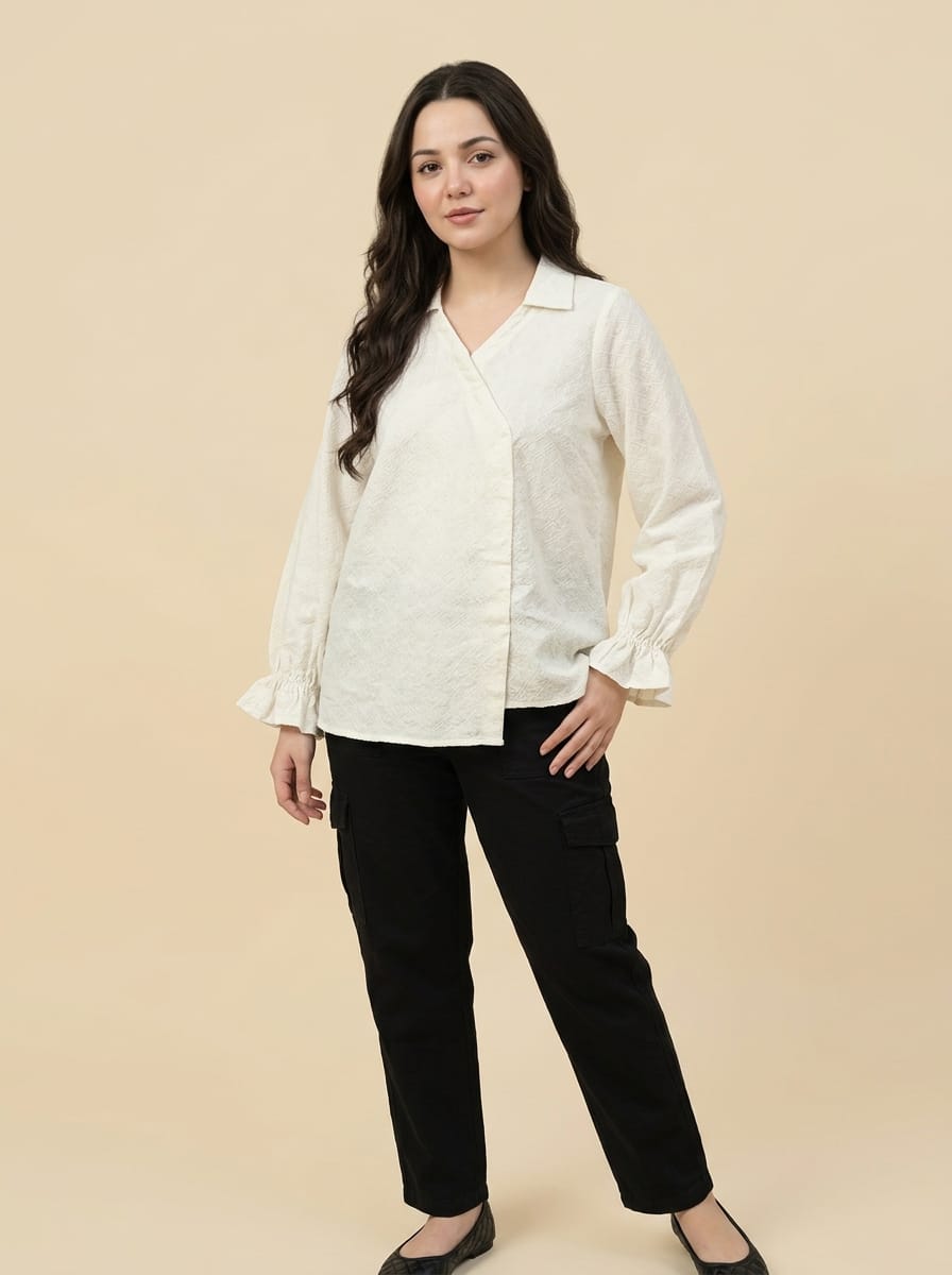 White Textured Wrap Top