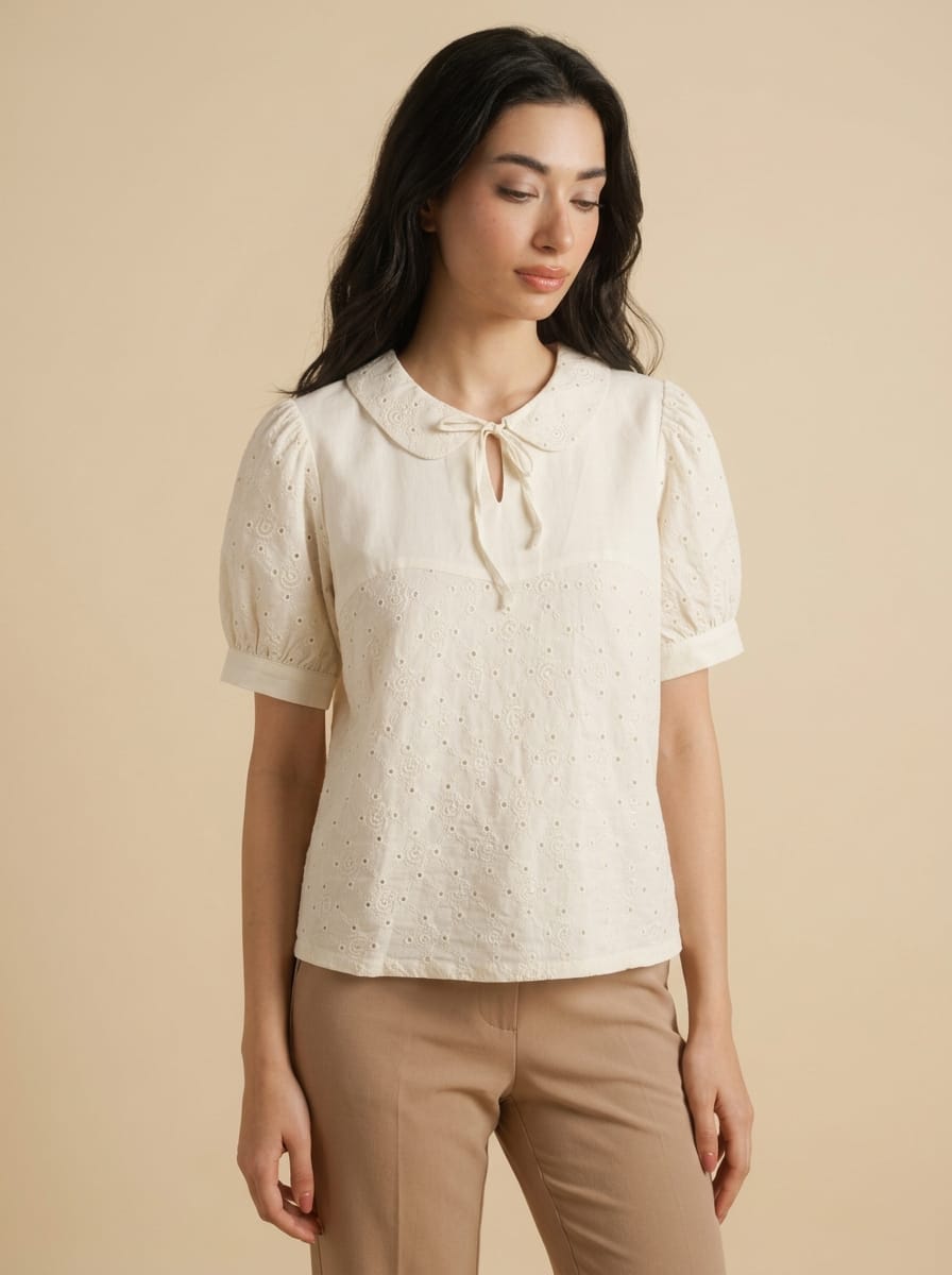 Buy Ivory Eyelet Embroidered Peter Pan Collar Blouse | Women's Fashion