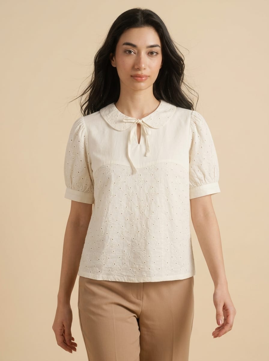 Buy Ivory Eyelet Embroidered Peter Pan Collar Blouse | Women's Fashion
